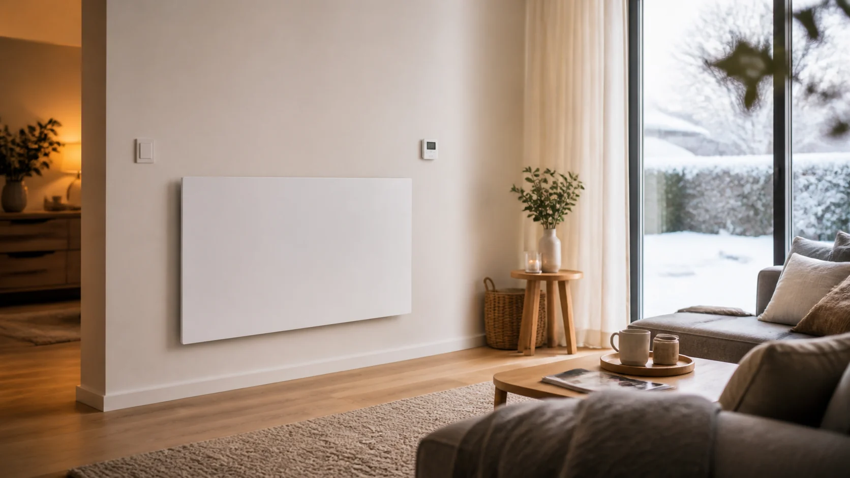 Moderne Infrarotheizung in einem hellen Wohnraum