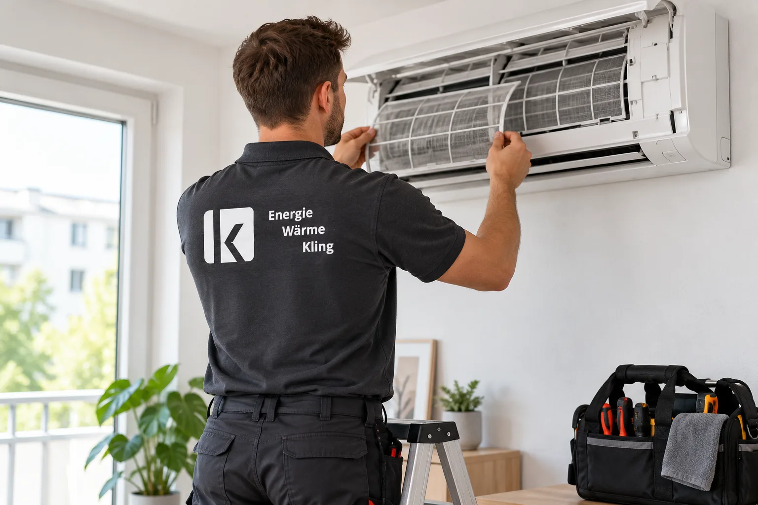 Klimaanlage für Allergiker: Techniker kontrolliert und reinigt den Filter