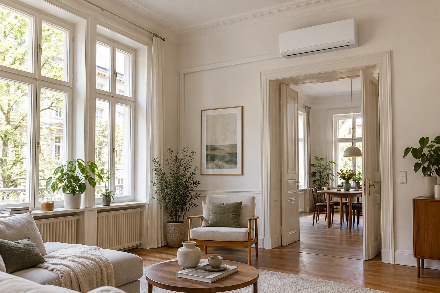 Nachgerüstete Split-Klimaanlage in einer hellen Altbauwohnung