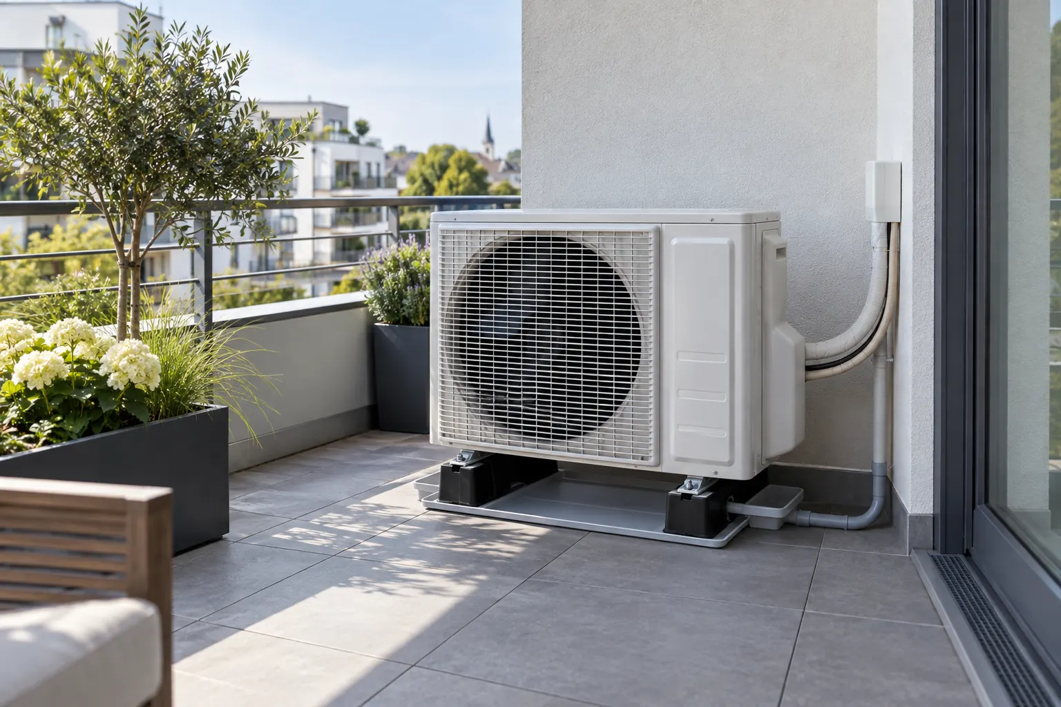Klimaanlage Außengerät: freie Luftführung und kontrollierte Entwässerung auf einem Balkon