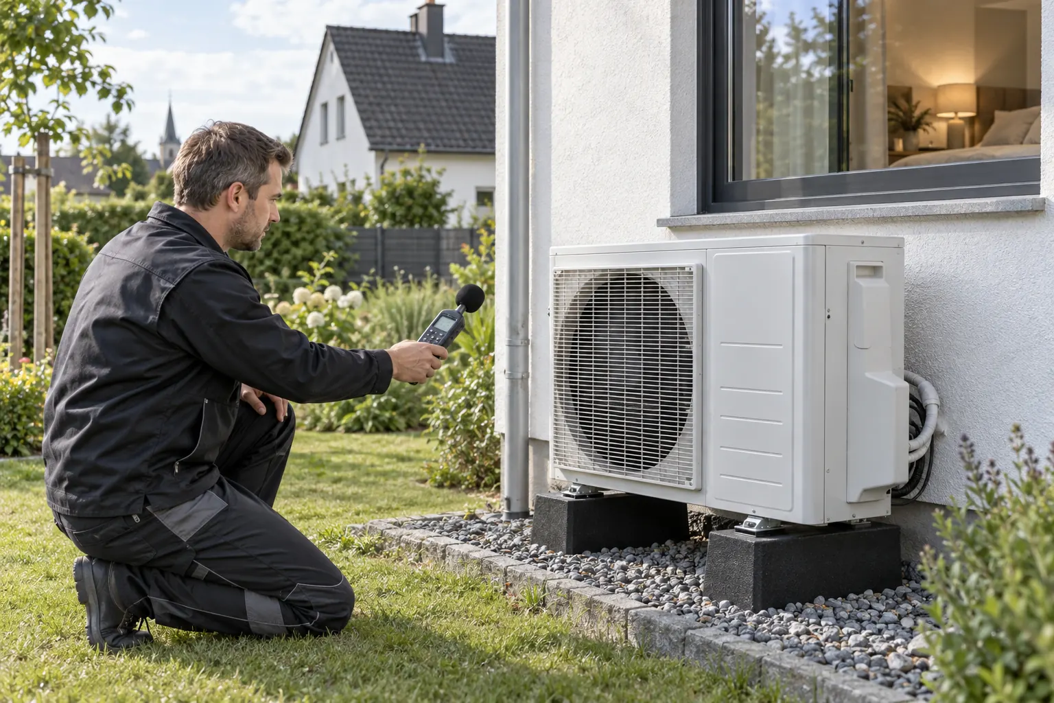 Klimaanlage Außengerät: Fachbetrieb misst den Schallpegel am Wohnhaus