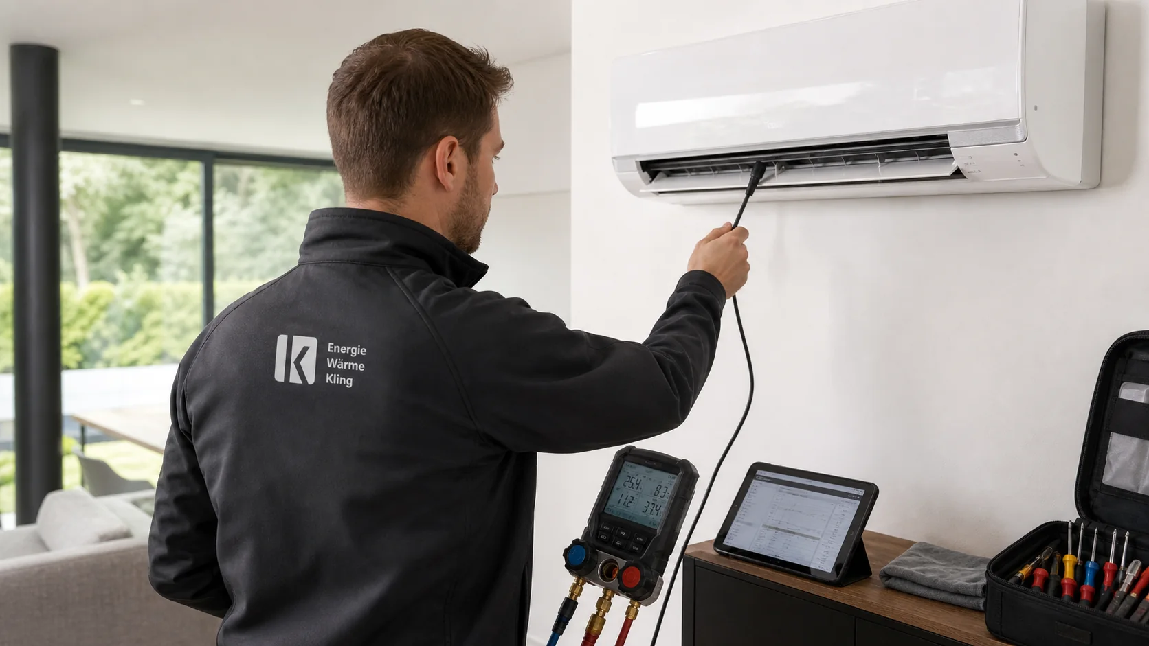 Techniker prüft Luftstrom und Messwerte einer neuen Split-Klimaanlage