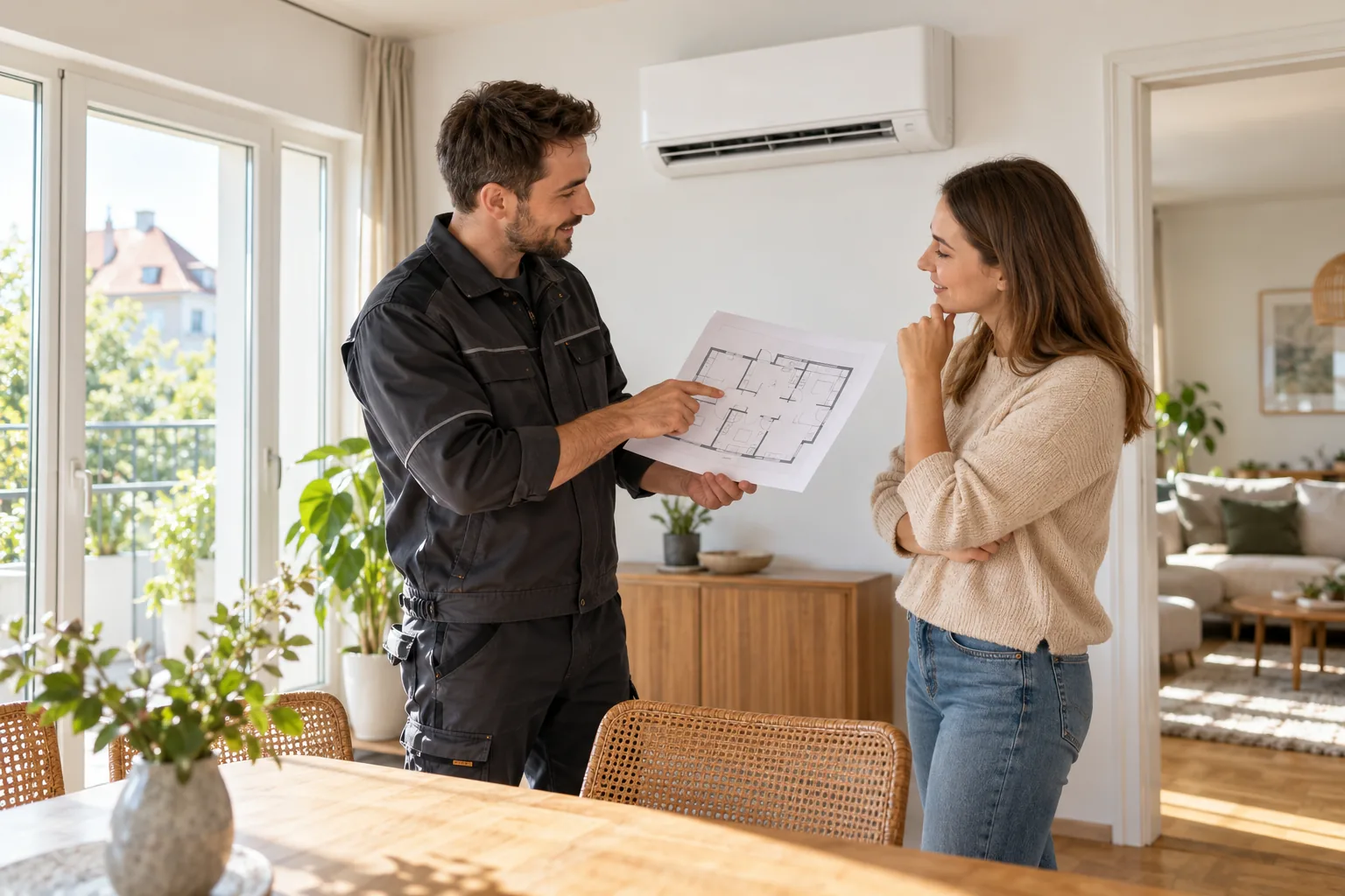 Klimaanlage Innengerät planen: Fachberater bespricht Raumaufteilung und Leitungswege