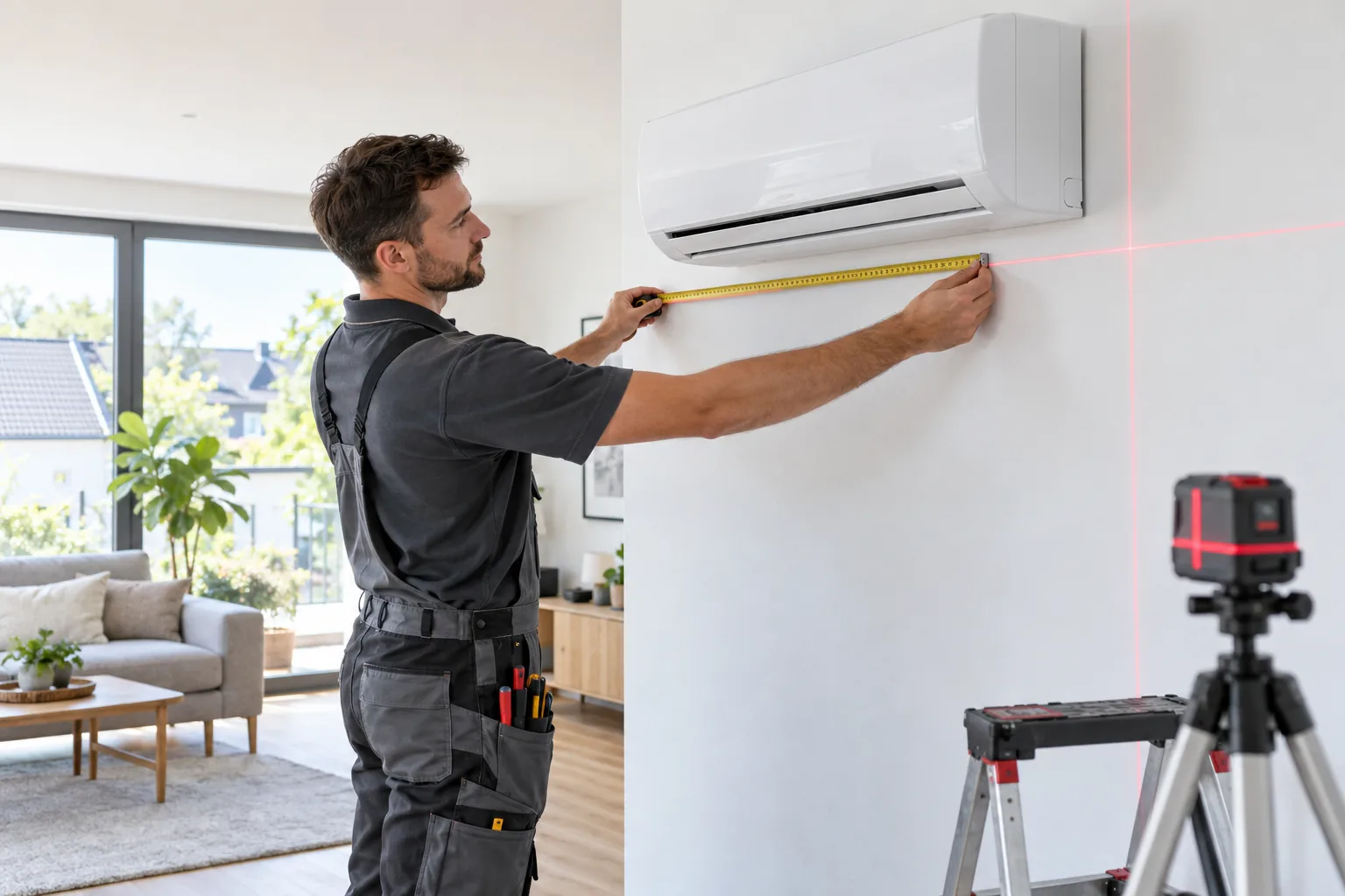Klimaanlage Innengerät richtig positionieren: Fachmonteur prüft Montagehöhe und Wandabstände