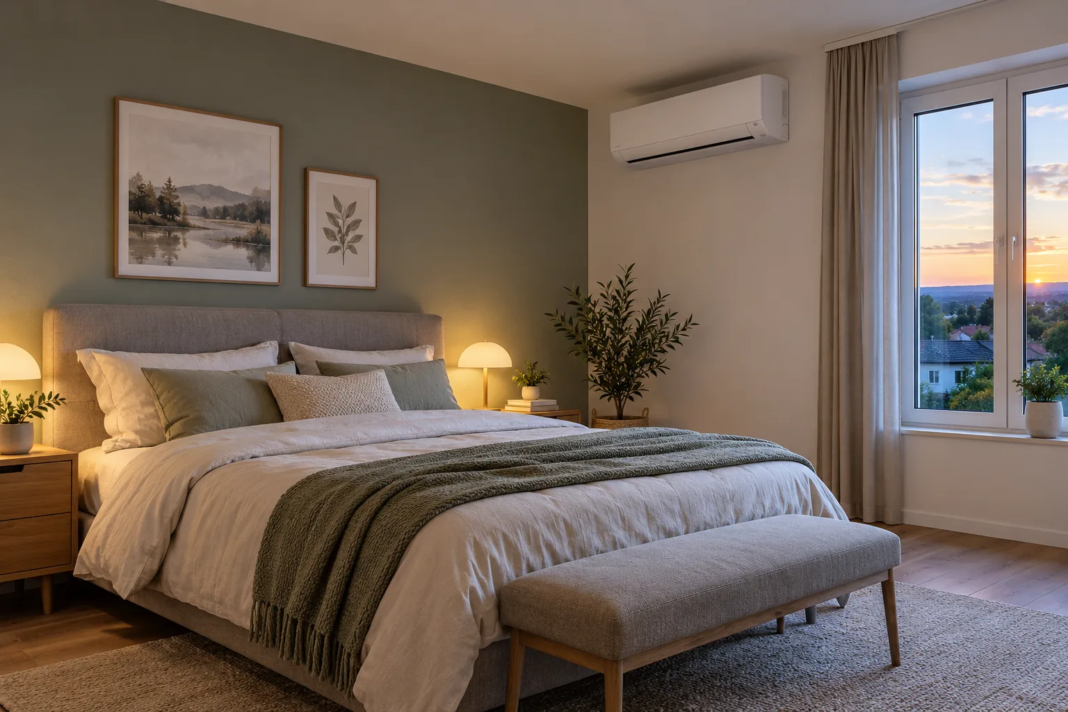 Klimaanlage Innengerät im Schlafzimmer: seitliche Position ohne direkten Luftstrom auf das Bett