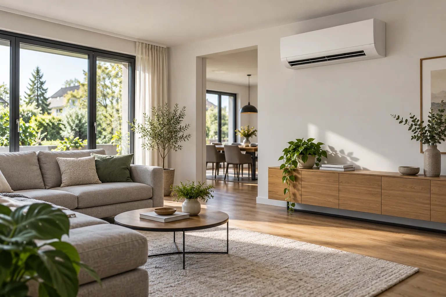 Klimaanlage Innengerät im Wohnzimmer: freie Luftverteilung ohne direkten Luftstrom auf das Sofa
