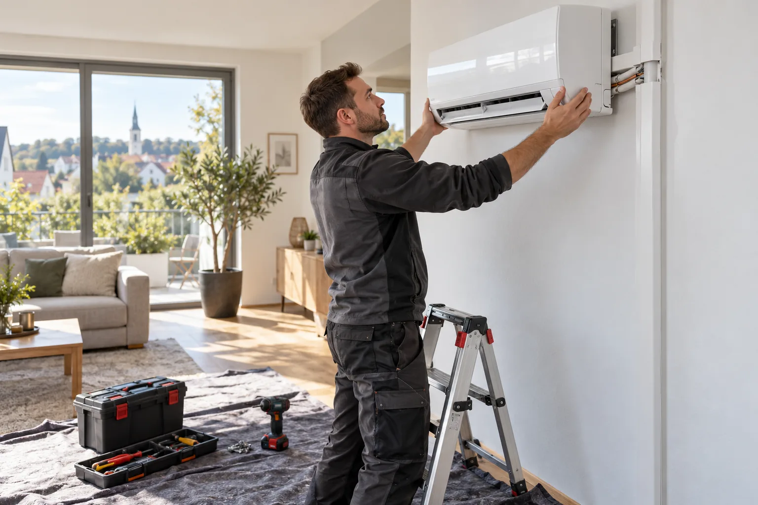 Klimaanlage Dreieich: Monteur installiert ein Split-Innengerät