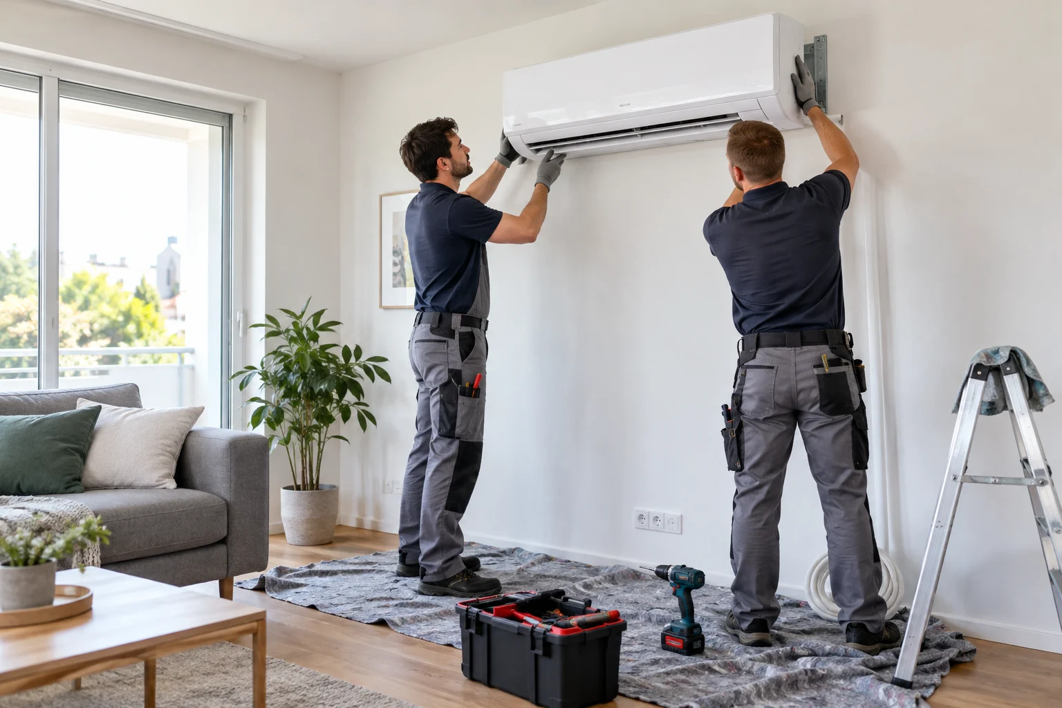 Klimaanlage Neu-Isenburg: Techniker montieren ein Split-Innengerät