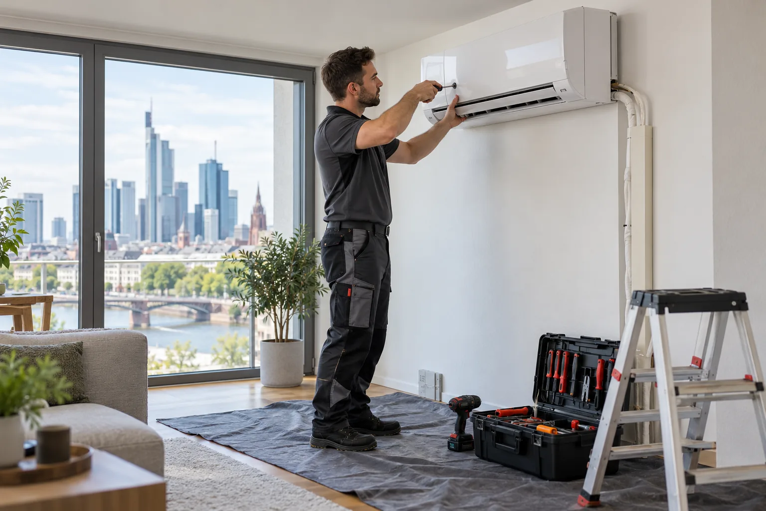Klimaanlage Offenbach am Main: Fachmonteur installiert ein Split-Innengerät