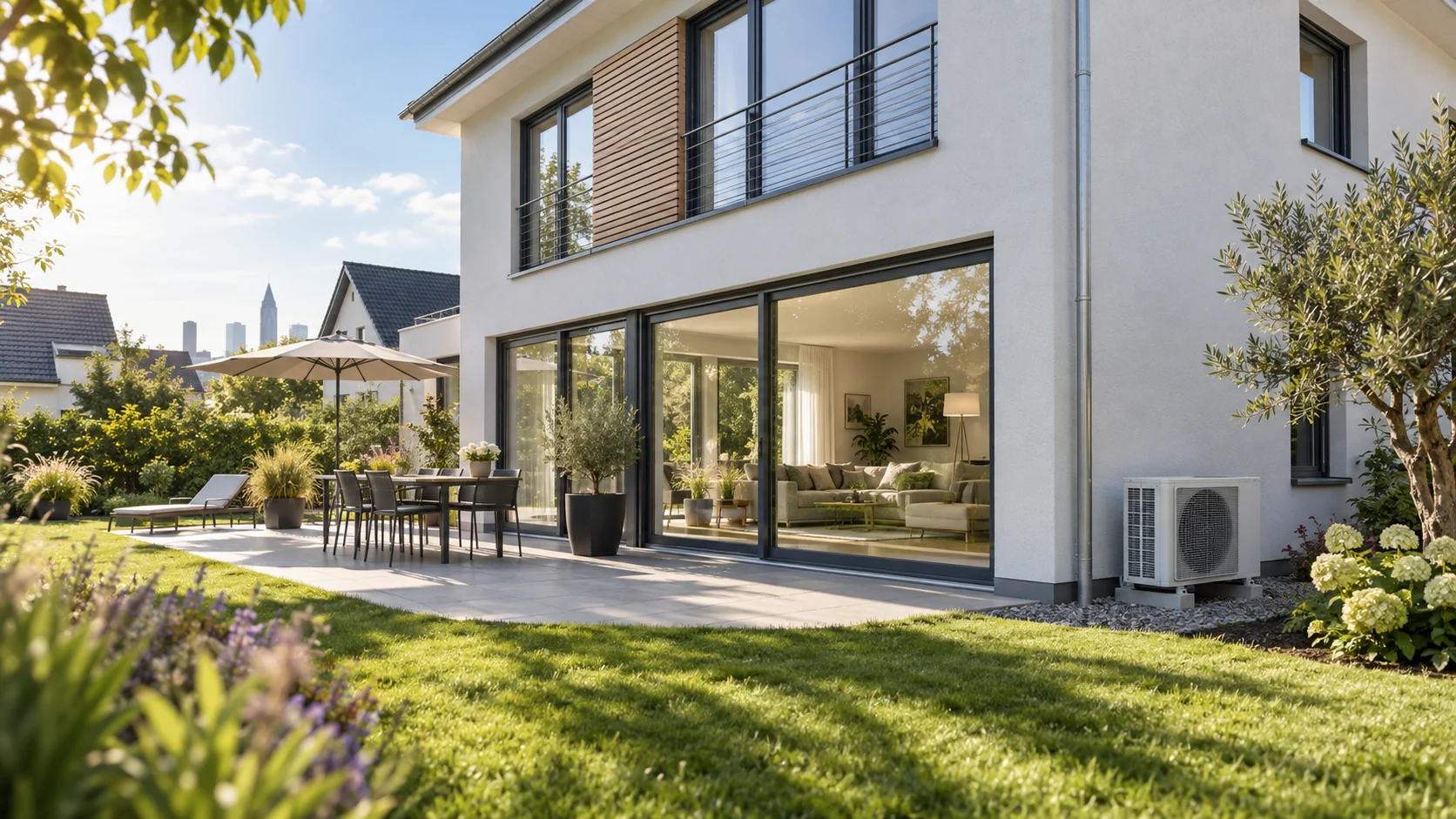 Klimaanlage Neu-Isenburg: Wohnhaus mit fachgerecht installiertem Außengerät
