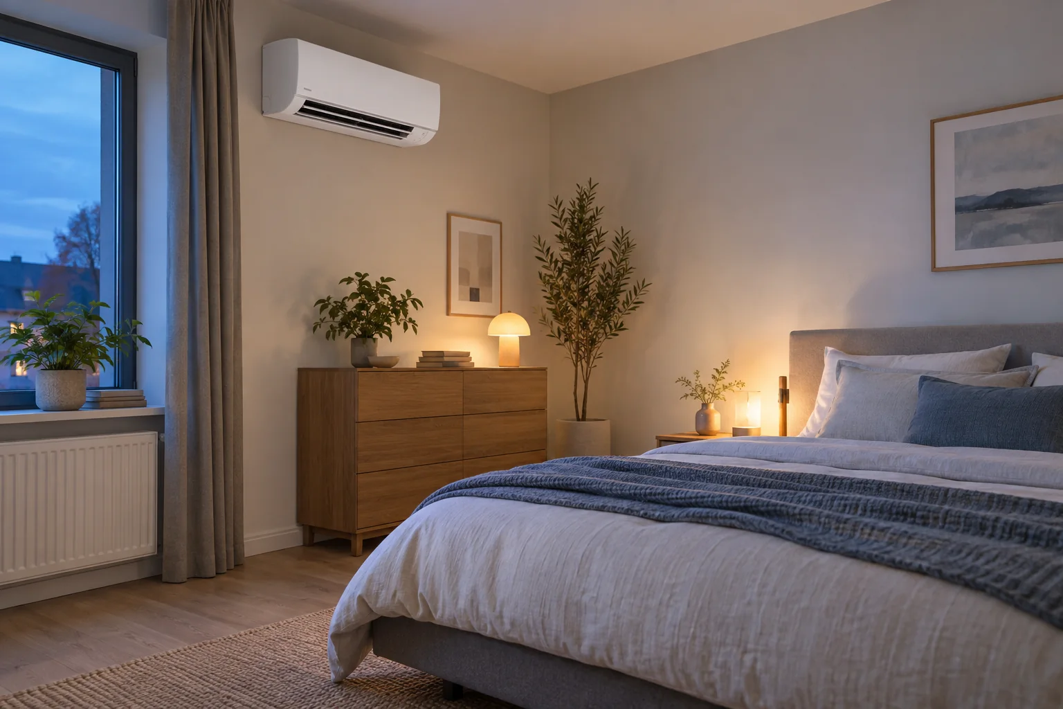 Leise Split-Klimaanlage richtig positioniert in einem modernen Schlafzimmer