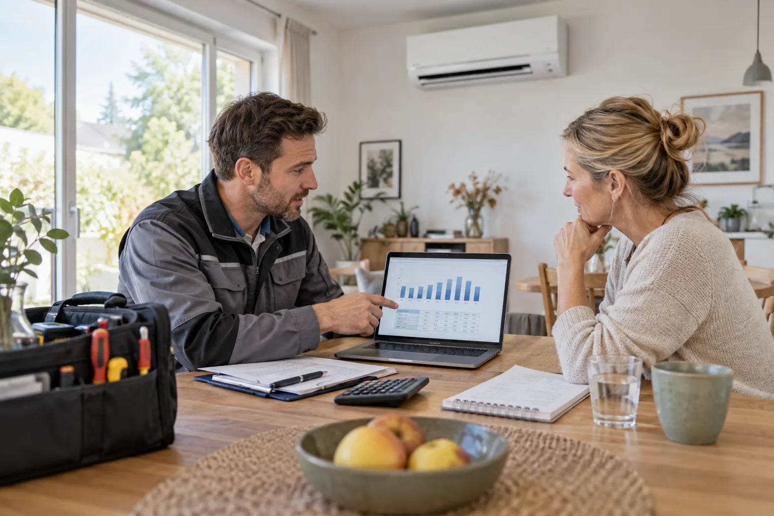 Klimaanlage Stromverbrauch: Fachberater berechnet mit einer Kundin die voraussichtlichen Stromkosten