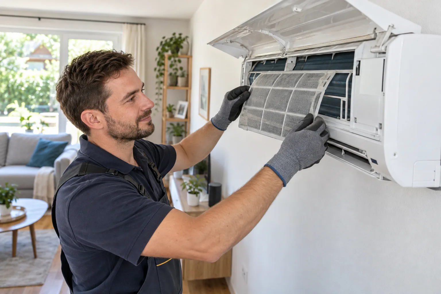 Klimaanlage Stromverbrauch: Fachbetrieb reinigt den Filter eines Splitgeräts für einen effizienten Betrieb