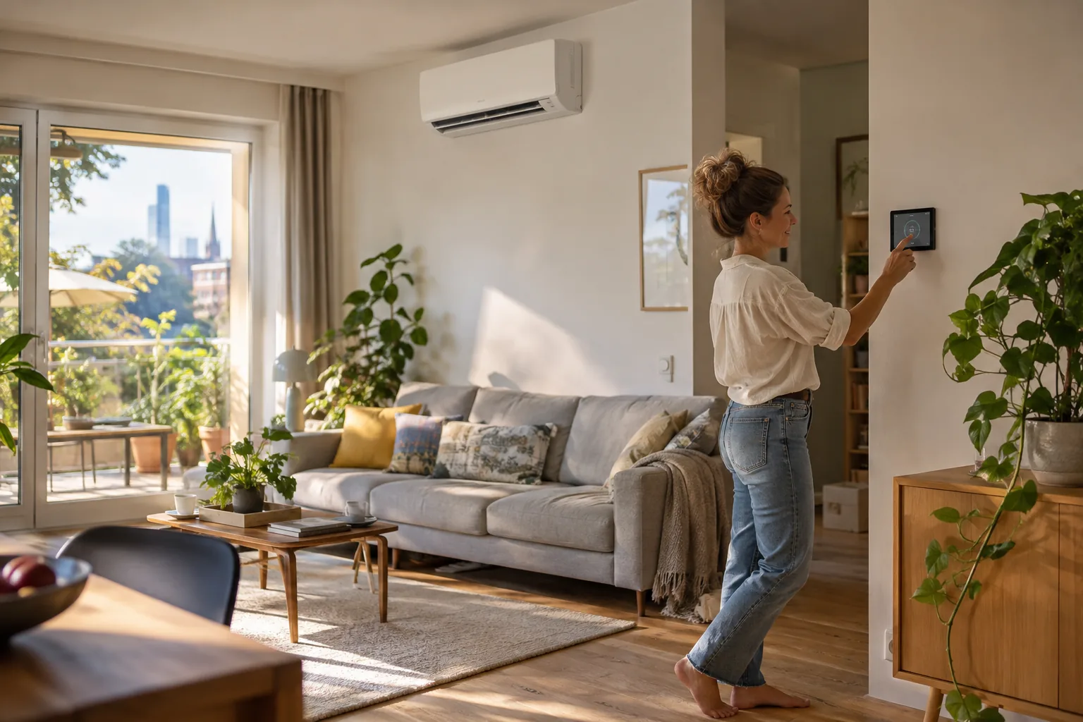 Klimaanlage Stromverbrauch: effizientes Splitgerät in einem Wohnraum mit Verbrauchsanzeige