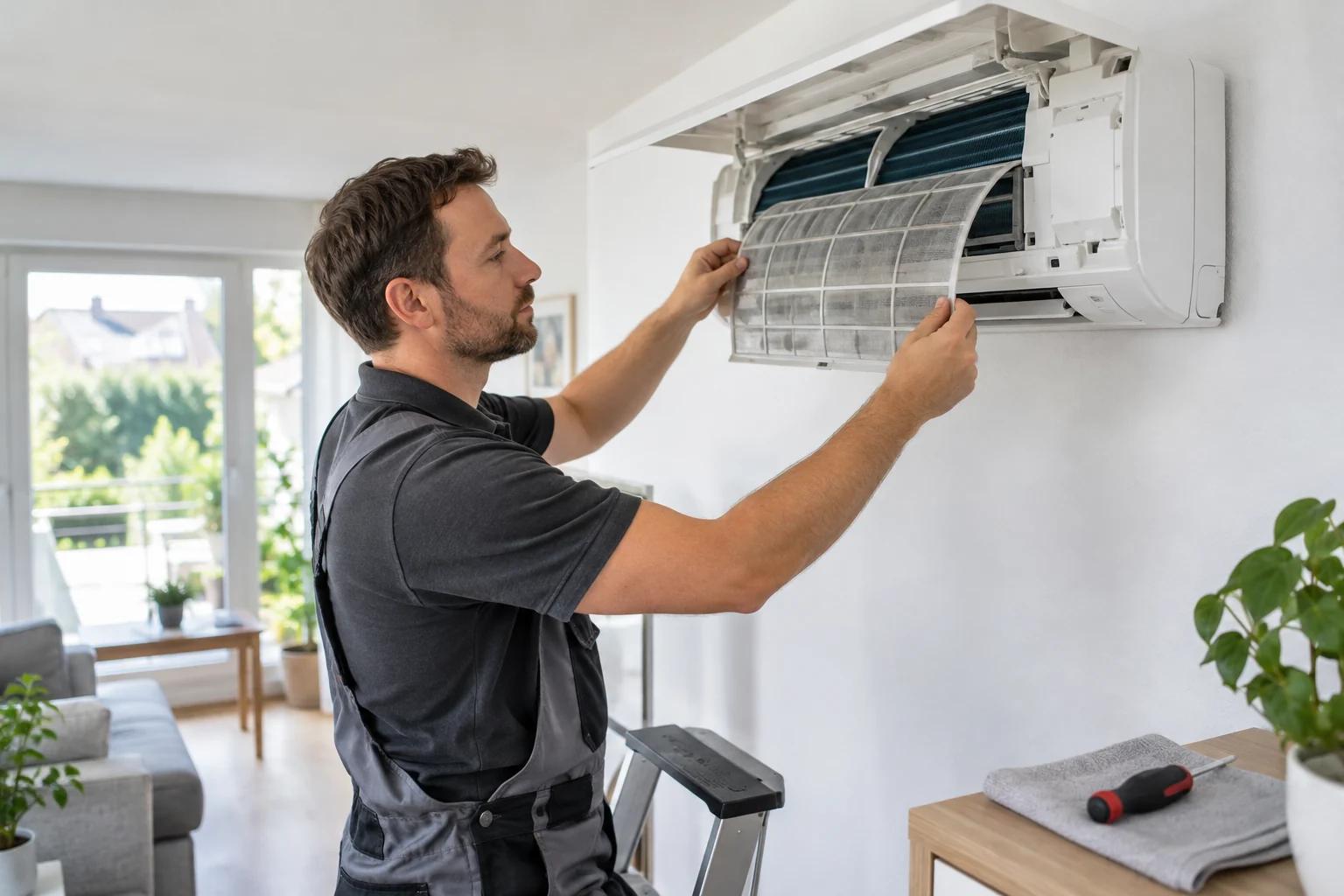 Klimaanlage Wartung: Techniker reinigt den Filter des Innengeräts