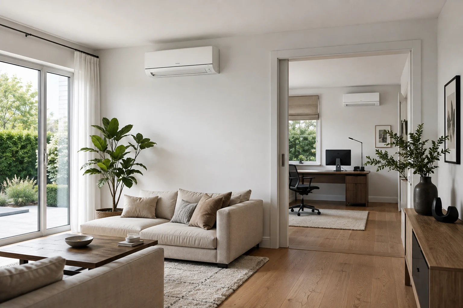 Multi-Split-Klimaanlage mit Innengeräten in Wohnraum und Büro