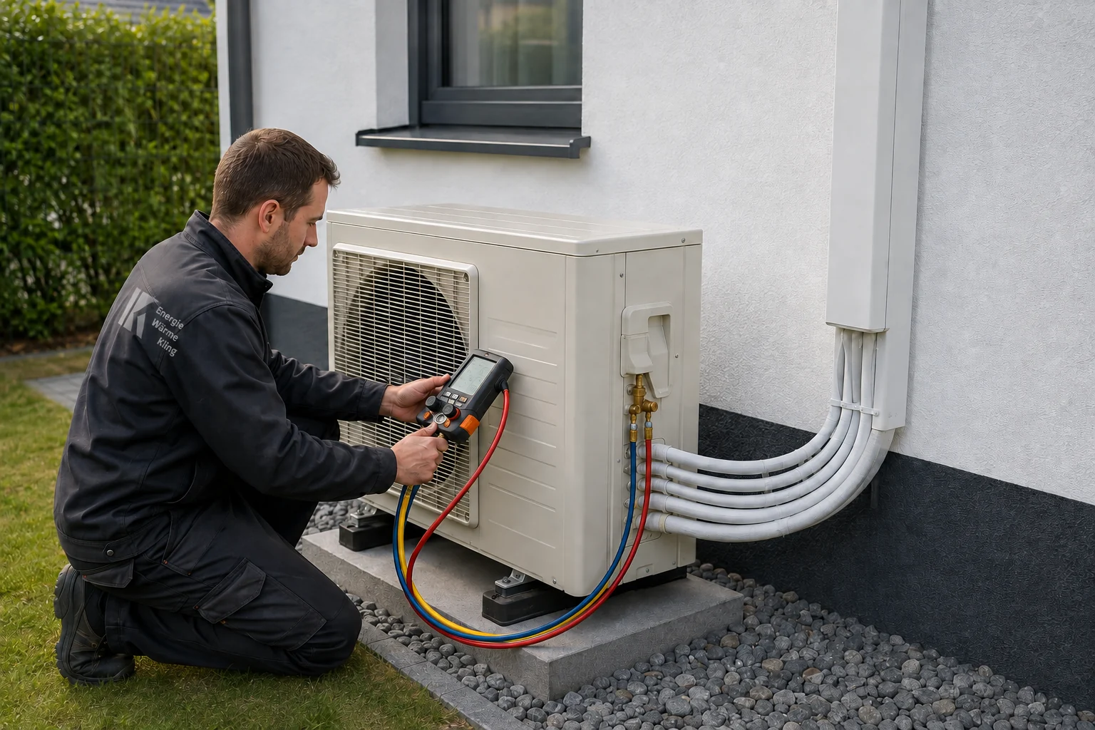 Techniker von Energie Wärme Kling prüft ein Multi-Split-Außengerät