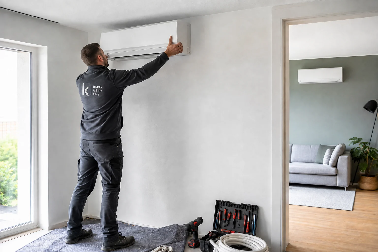 Techniker von Energie Wärme Kling montiert ein Innengerät