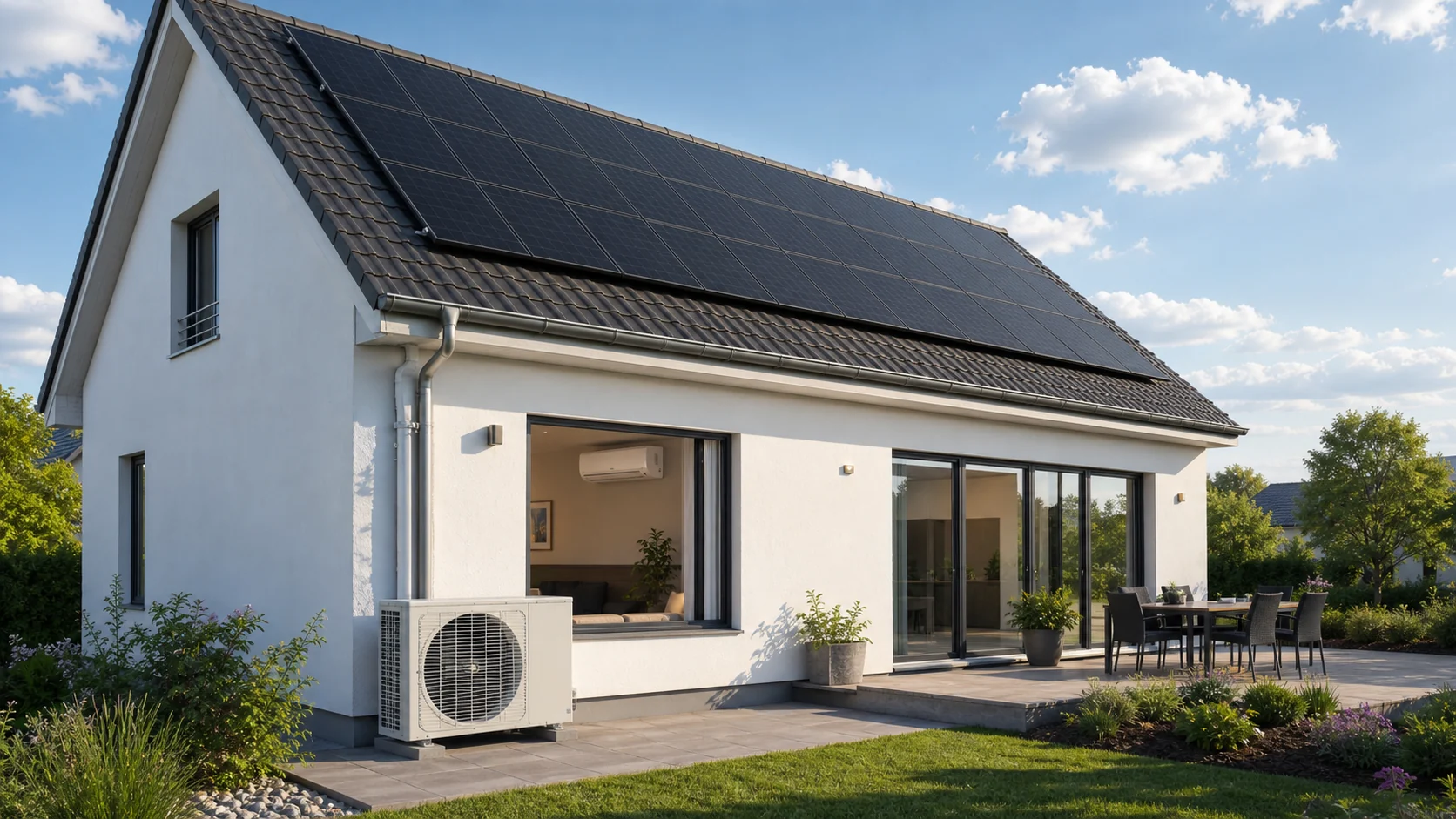 Wohnhaus mit Photovoltaikanlage und Split-Klimaanlage