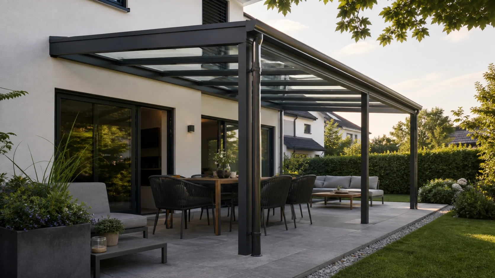 Aluminium-Terrassenüberdachung mit Glasdach und Entwässerung